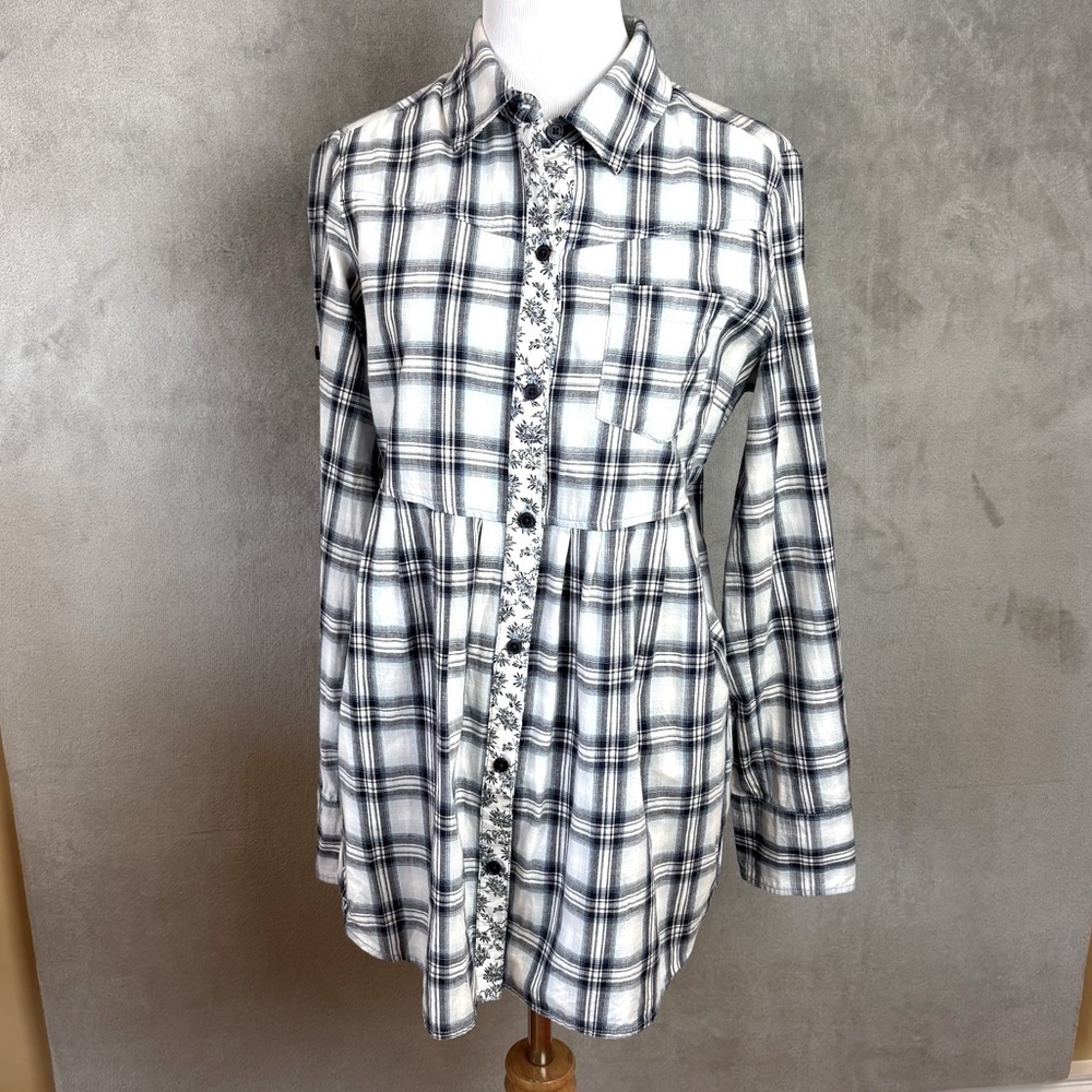 Free People Plaid Button Front Babydoll Tunic Top Women’s Size 10 Blue Cotton